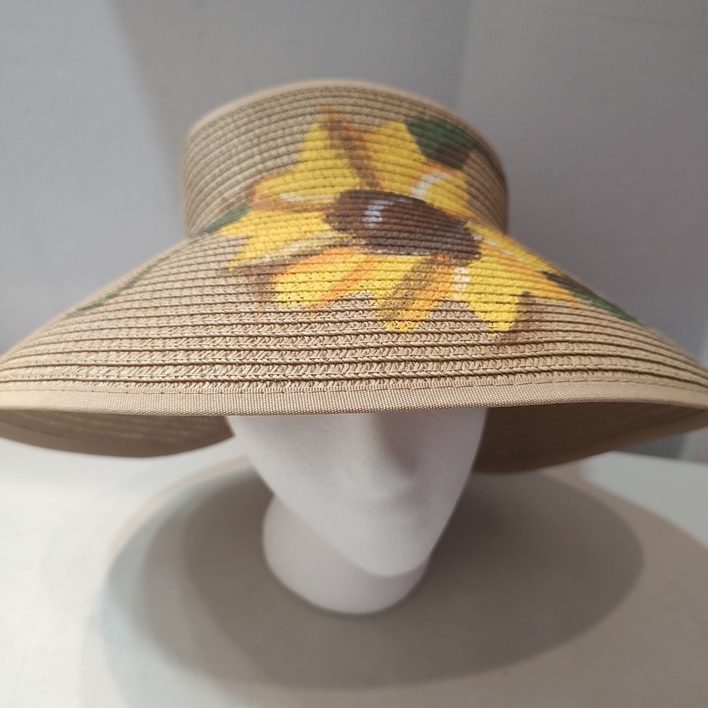 Women Wide Brim Hand Painted Paper Hat‎ Adjustable Open Top Sweat Band Brown Bow
